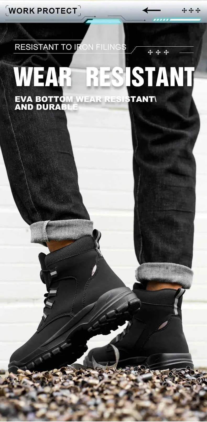Leather Non Slip Work Boots for Men Rotating Button Safety Shoes Steel Toe Sneaker Male Puncture Proof Protective Boots
