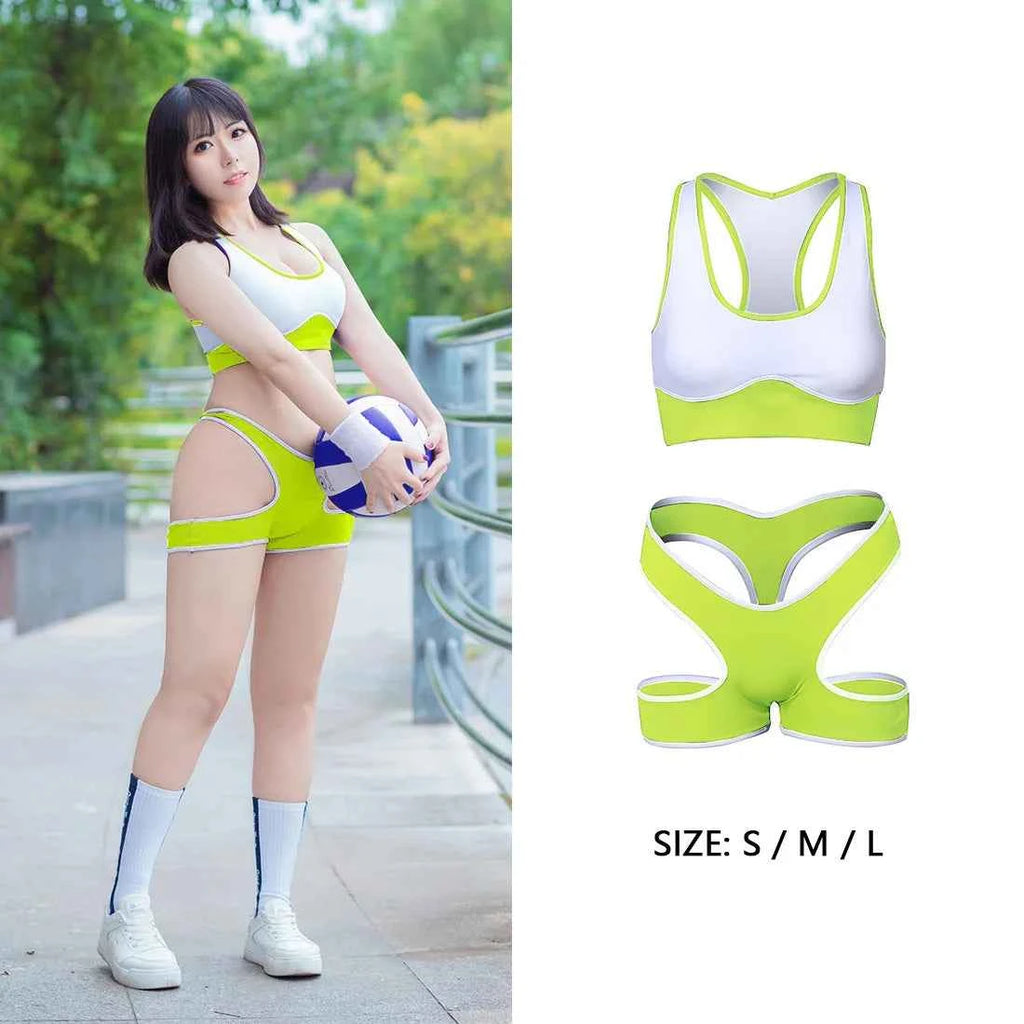 Sexy Cute Pure Desire Bra Set Girl Cheerleading Sports Underwear Lingerie Student Cosplay Costumes Hollow Split Swimsuit Bikini