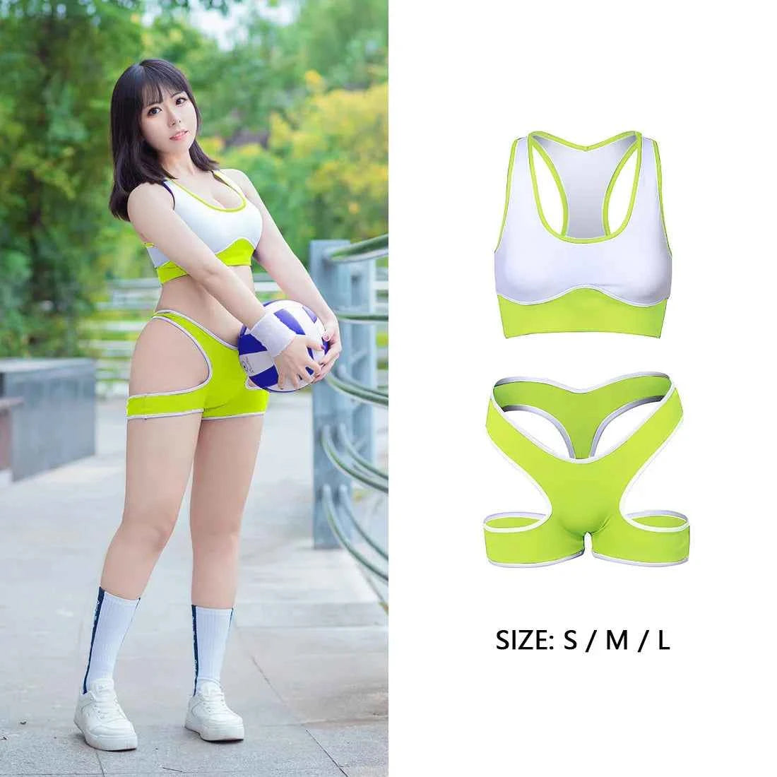 Sexy Cute Pure Desire Bra Set Girl Cheerleading Sports Underwear Lingerie Student Cosplay Costumes Hollow Split Swimsuit Bikini