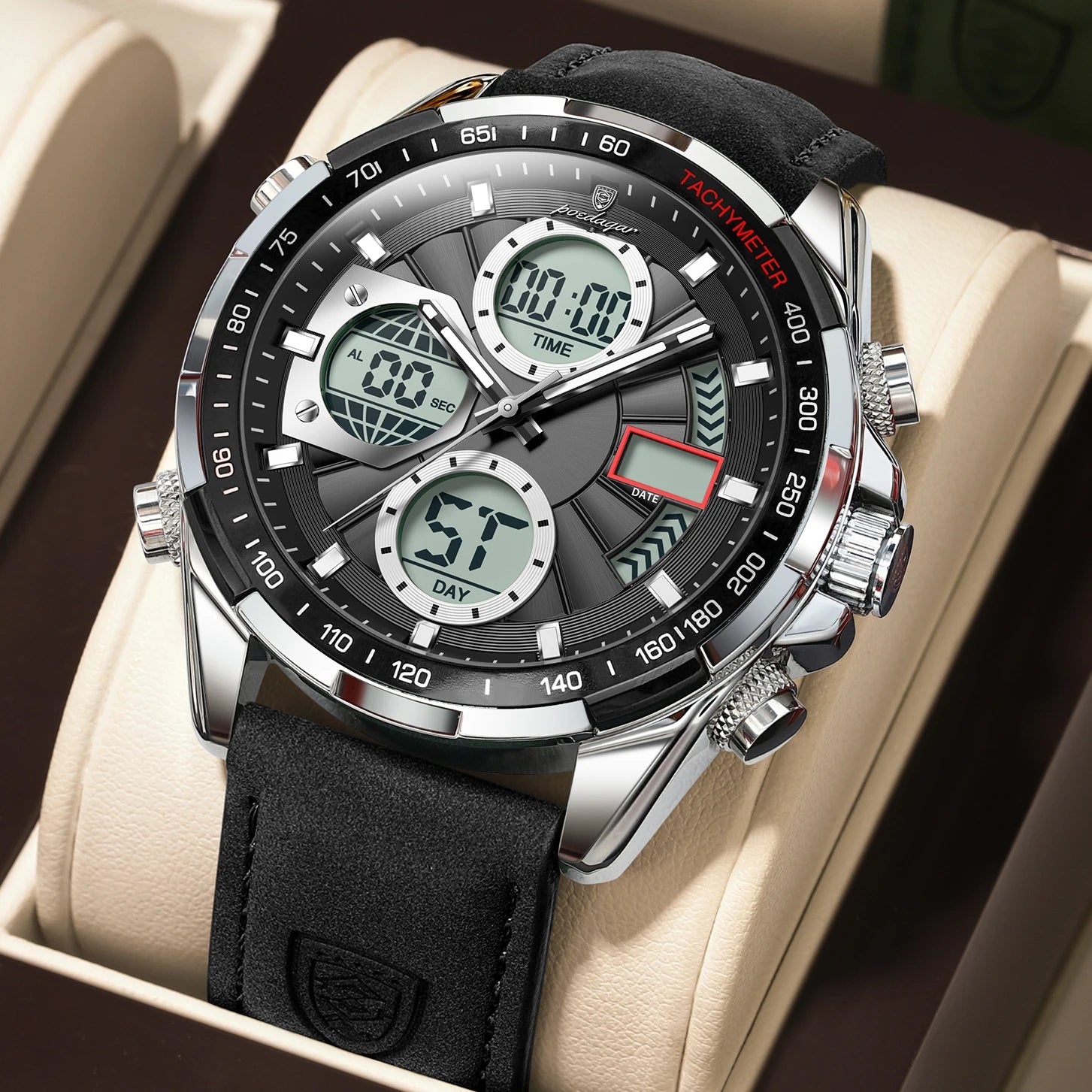 POEDAGAR LED Luxury Men Watch Luminous Week Date Dual Time Display Digital Man Clock Alarm Electronic Men's Quartz Watches Reloj