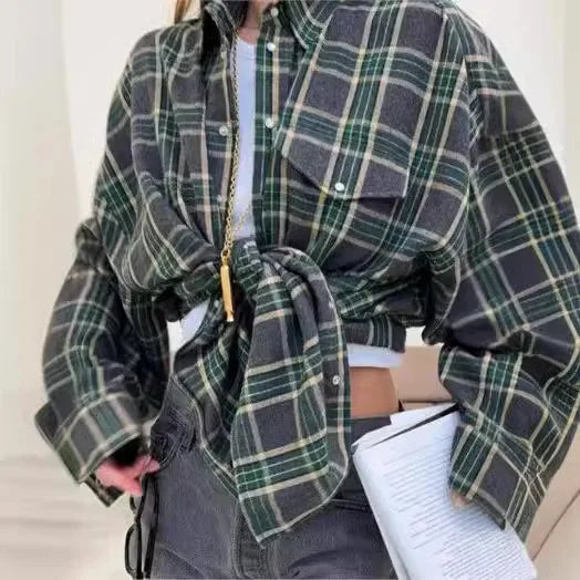 Vintage Plaid Blouse Women Spring Summer Korean Pocket Long Sleeve Lapel Shirt Fashion Streetwear Y2K Clothes 2026 Oversize Tops