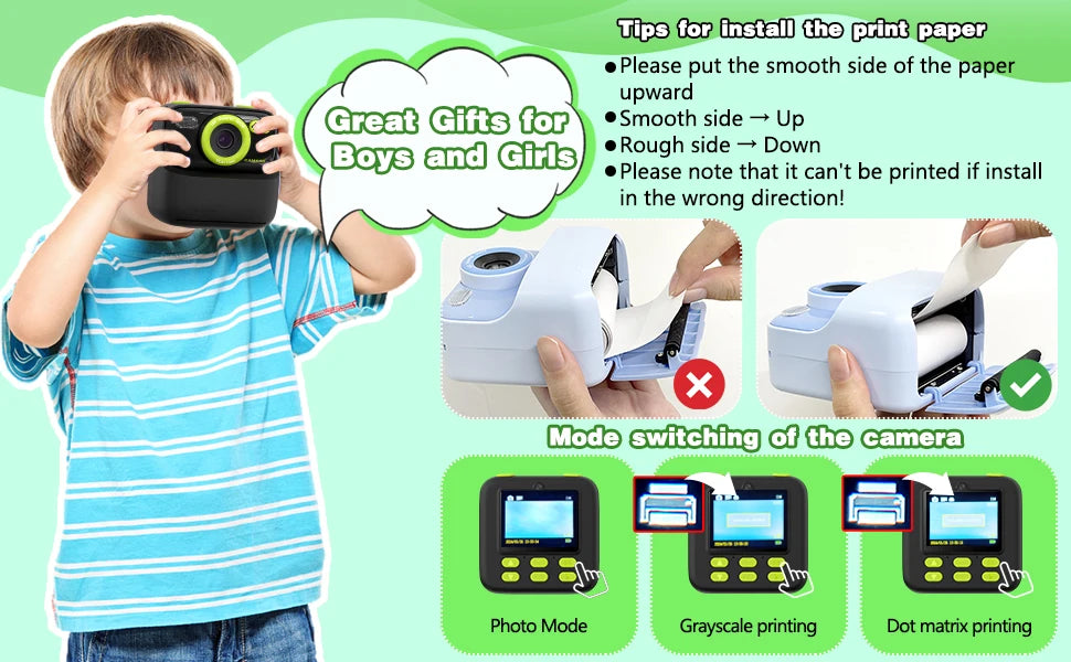 Kids Instant Print Camera, Birthday Gifts for Boys and Girls, Kids Digital Camera Toys, 1080P HD Video, Boy Gifts/Girl Gifts