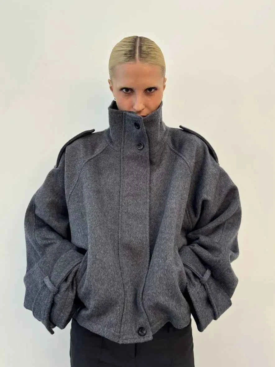 Elegant Women's Short Woolen Coats Stand Collar Double Breasted Long Sleeve Female Jacket 2025 Autumn Winter Lady Warm Outwear