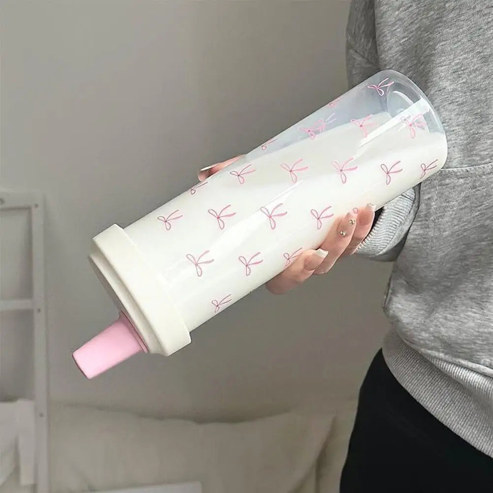 Cute Pink Bow Straw Water Bottle Fashionable Travel Safe Odorless Large-capacity Portable Water Bottle For Travel