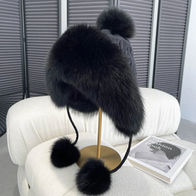 Winter Women Real Fox Fur Hat Fashion Casual Outdoor Warm Knitted Hats Girl Lovely 100% Natural Fox Fur Ear cap bomber caps