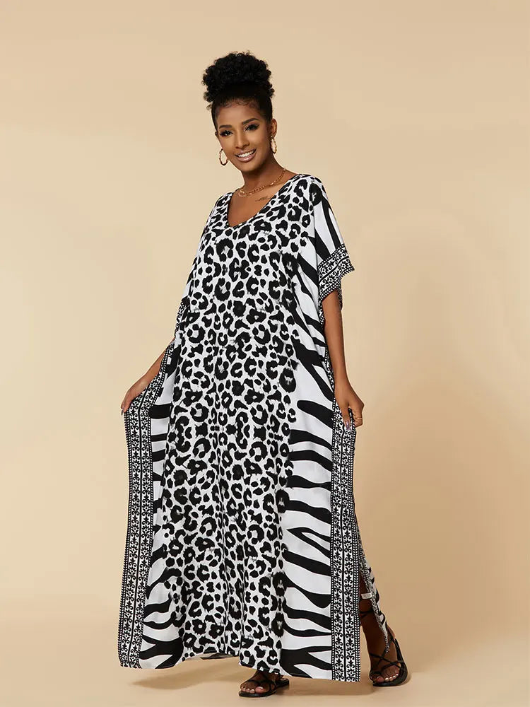 EDOLYNSA 2023 Bohemian Printed Loose Kaftan Casual Summer Vacation Maxi Dress Women Clothing Beach Wear Swim Suit Cover Up Q1469