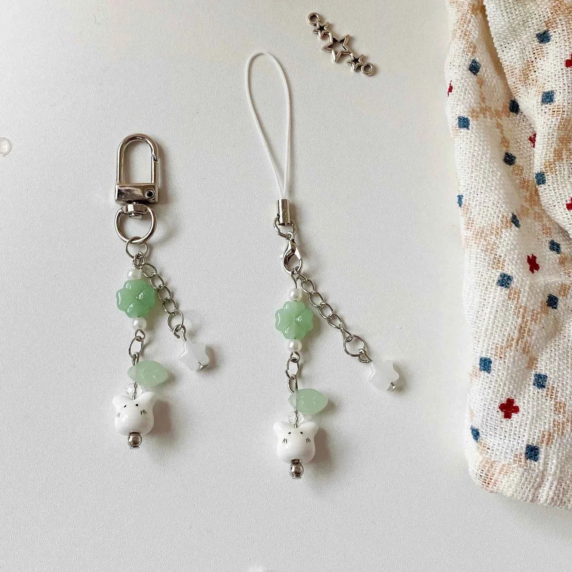 Handmade Four Leaf Clover Beaded Phone Charm Y2K Cute Ceramics Cat Backpack Keychain Bag Key Ring for Girls Christmas Gift