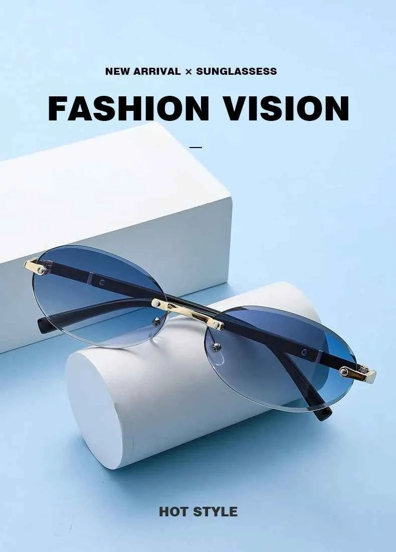 Popular Women Men Shades Oval Sun Glasses for Female Male Summer Traveling UV400 Rimless Sunglasses Round Fashion Gafas De Sol
