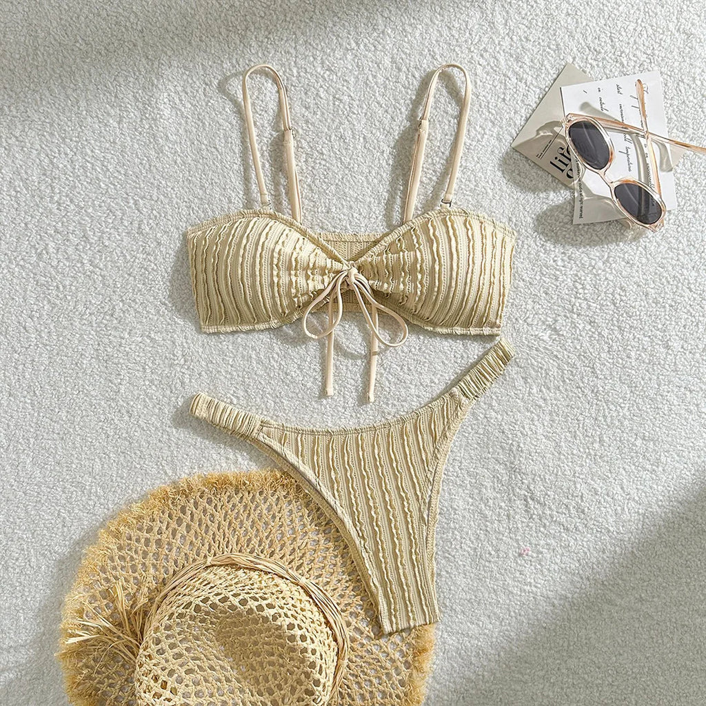 Wrinkled Crinkled Knotted Bikini Women Swimwear Female Swimsuit Two-Pieces Bikini Set Brazilian Bather Bathing Suit Swim V5709