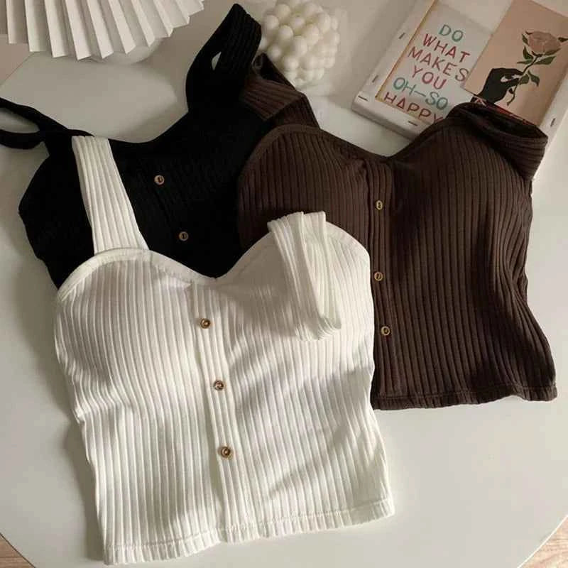 Women's Y2K Cropped Tops with Bra Pads Summer Corset Korean Suspenders Vest Sexy Camisole Slim New