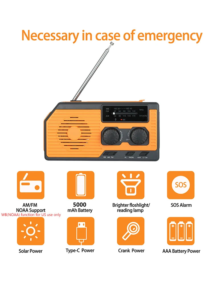 Emergency Weather Radio With Solar Hand Crank & Power Bank