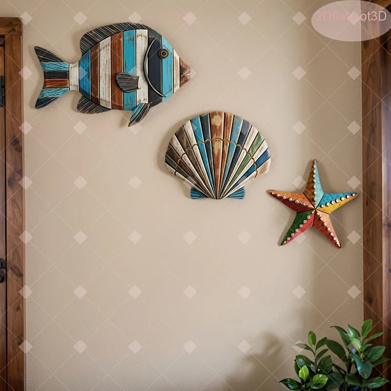 1 Set of Colorful Wooden Ocean Art Wooden Sea Fish Shells Starfish Farmhouse Style Decor Living Room Bedroom Wall Art Decoration