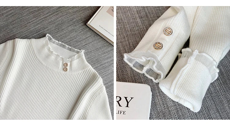 2026 Knitted Women Sweater O-neck Button Pullovers Autumn Winter Basic Sweaters for Female Pullover Slim Solid Bold Lace Tops