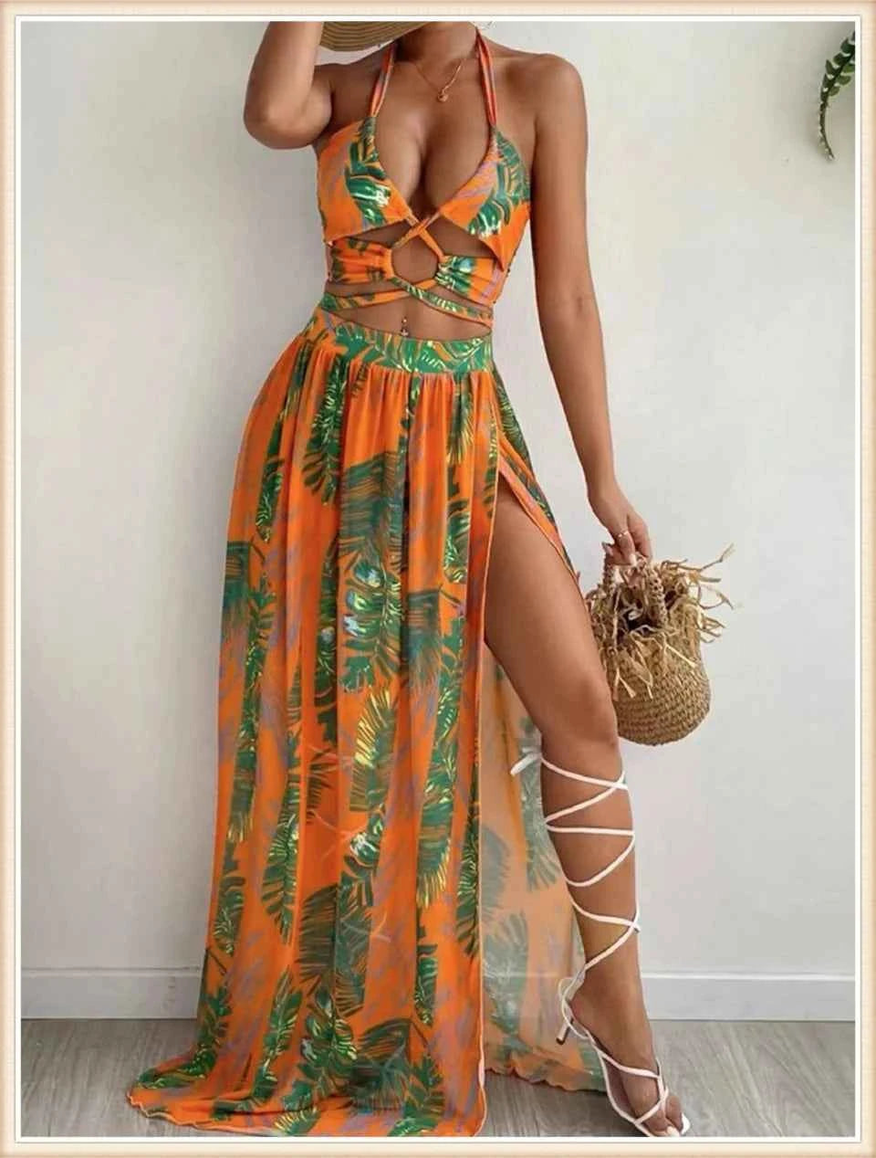 3 Pieces Print Cross Bikini 2025 Women Sexy Halter Swimsuit & Cover Up Beach Dress Swimwear Bathers Bathing Swimming Suit Summer