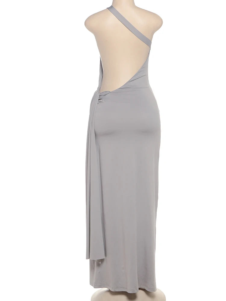 Kliou High Street Women Dresses Concise Incline Shoulder Ribbons Backless Sheath Maxi Vestidos Female Elegant Holiday Trend Robe