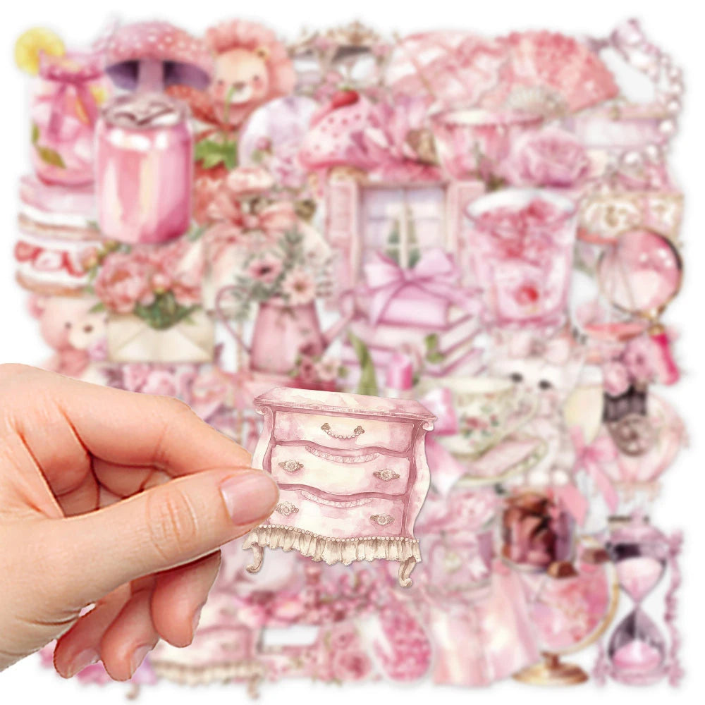 10/30/50pcs Pink Transparent Flowers Cartoon Stickers Aesthetic Waterproof Artistic Dreamy Decals Graffiti Stationery Laptop