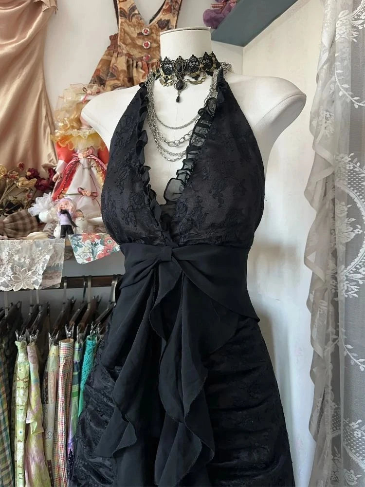 Summer Fairy Lace Patchwork Halter Tank Dress Women Streetwear Irregular Ruffled Dresses Grunge Y2kAesthetic Flower Vestidos