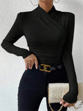 Women's Clothing Autumn Winter Tshirts New Design Cross Neckline Versatile Pleated T-shirt Comfortable Fashion Slim Fit Sexy Top