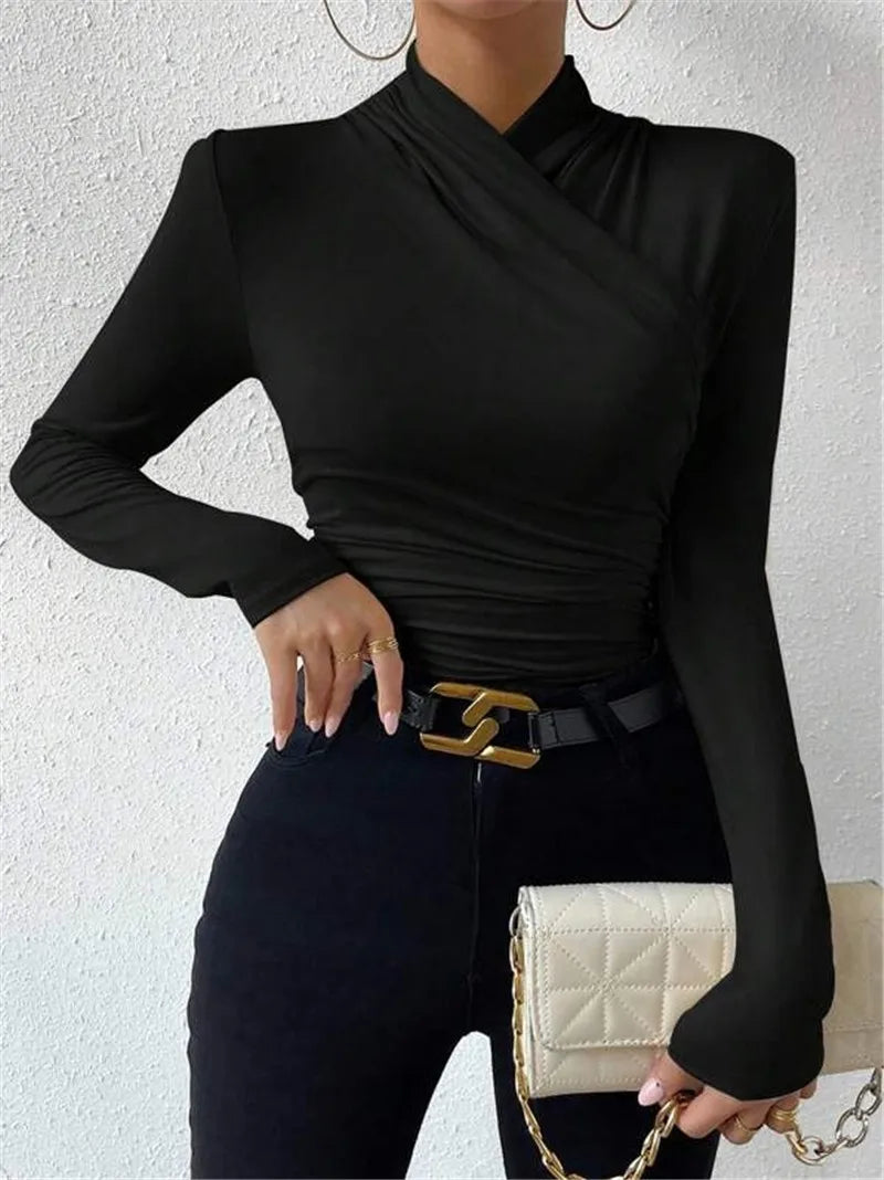 Women's Clothing Autumn Winter Tshirts New Design Cross Neckline Versatile Pleated T-shirt Comfortable Fashion Slim Fit Sexy Top