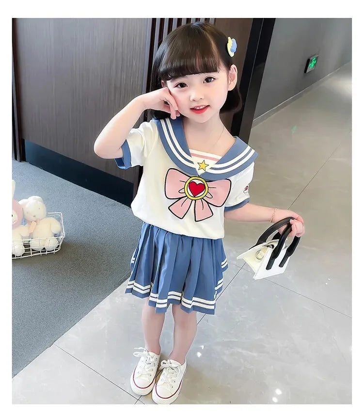 Baby Girls Clothes Sets Summer Bow Striped Tops Pleated Skirts Suits Cute Sailor Moon Cosplay Party Custume Children Clothes Set