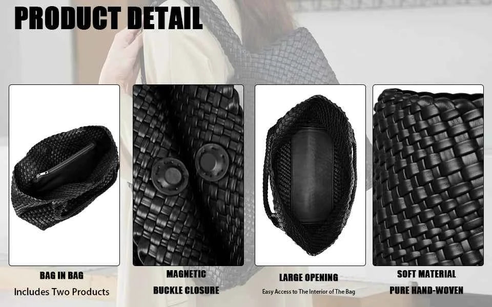Woven Tote Bag Womens Purse Vegan Leather Shoulder Handbags - Fashion Summer Beach Tote Bags - Large Travel Totes