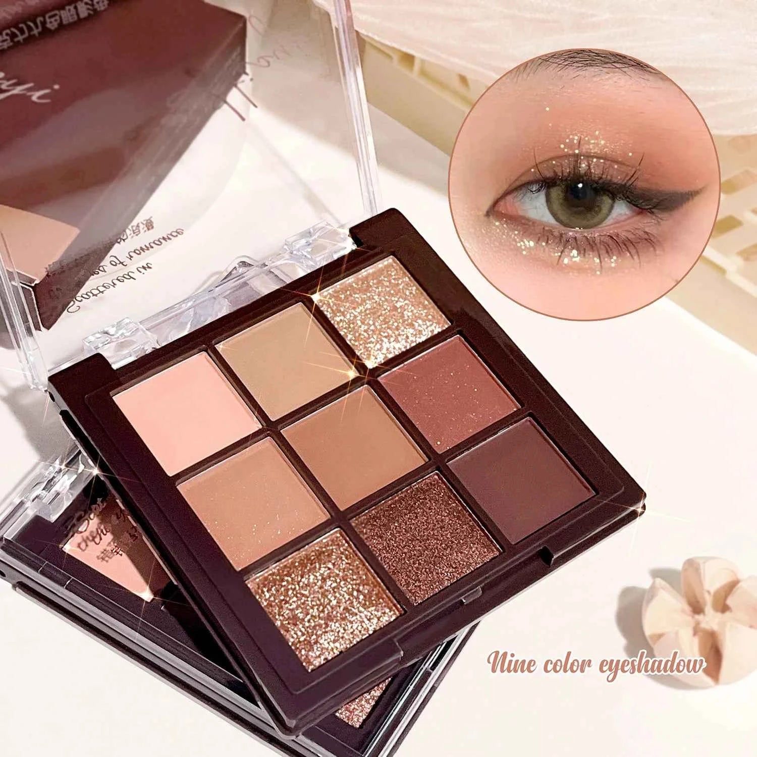Mocha Chocolate Eyeshadow Palette - 9 brown, nude and gold shades in matte, natural and shimmer finishes, perfect for music fest