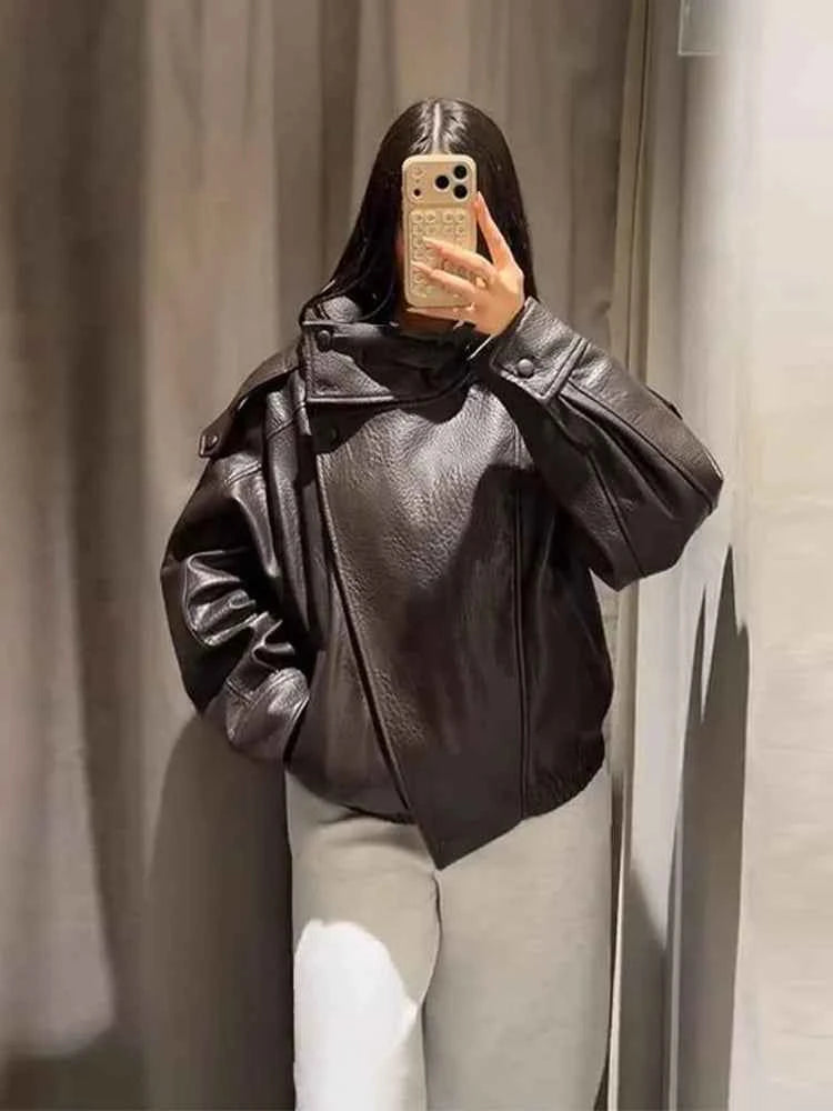 Vintage PU Leather Women's Jacket Stand Collar Zipper Button Coats Female Long Sleeve Outerwear Spring Lady Street Jackets