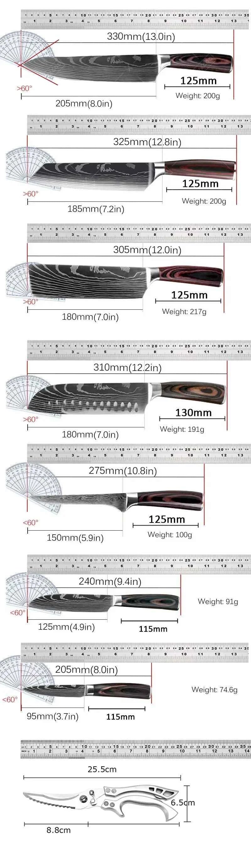 WXCOO Chef Knife Japanese Kitchen Knives Set Professional Laser Damascus Pattern Stainless Steel Meat Cleaver Slicer Knife