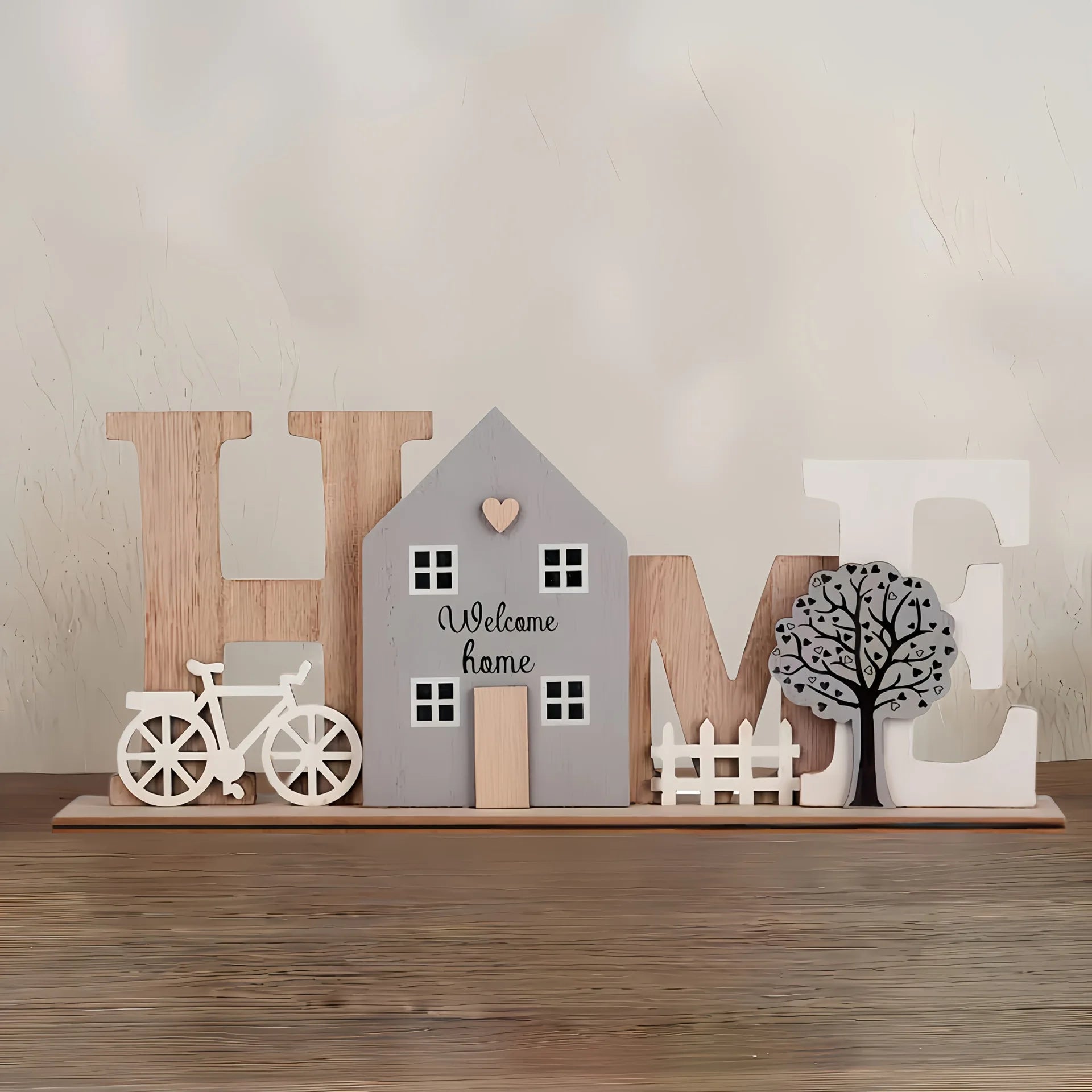 Wooden HOME Ornament with Cute House Bicycle & Tree Elements Creative Wooden Craft Decor For Living Room Bedroom Entryway