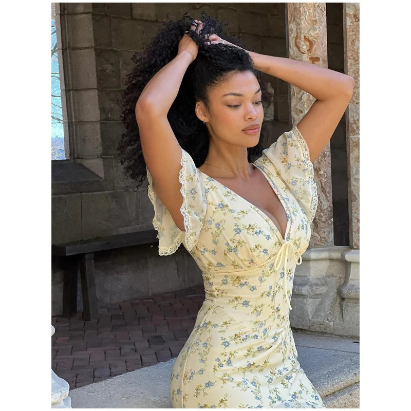 Women Elegant Printed Fishtail Dress Sexy V-neck Short Sleeve Waist-cinching Pleated Slim Maxi Dresses 2026 Lady Vacation Robe