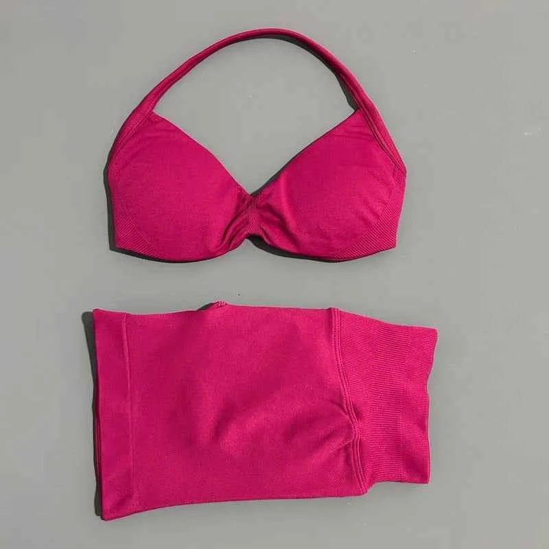 HISTELLO Gym Set 2 Piece Women Strappy Yoga Bra Top Workout Scrunch Shorts Sports Suit Fitness Clothes Seamless Yoga Set