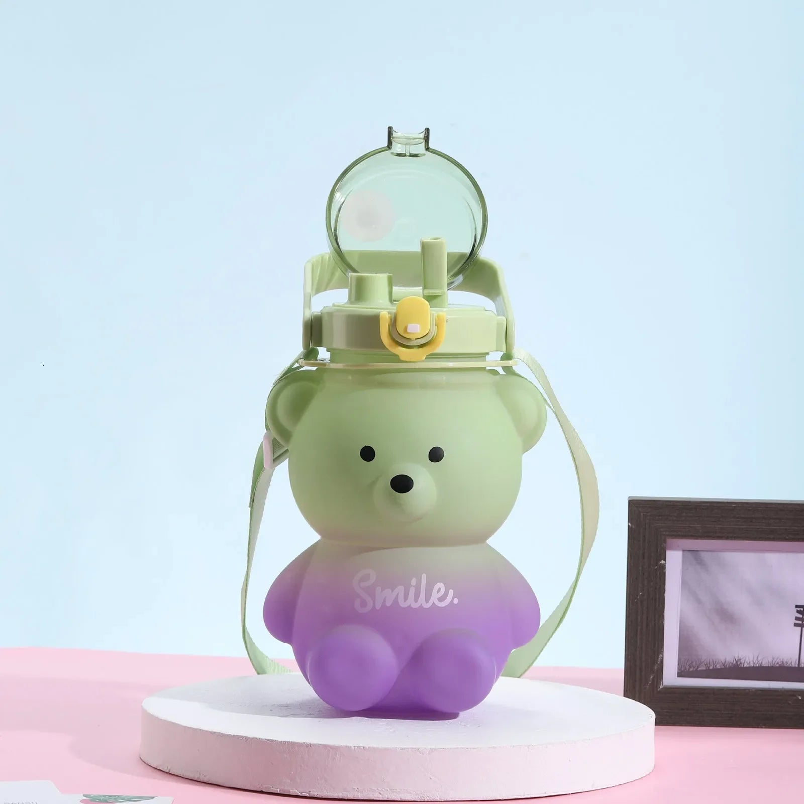 Bear Water Bottle 800ml Cute Kawaii Teddy Bear Water Bottle with Straw & Strap Leak-Proof Drinking Cup Gift for Kids & Girls