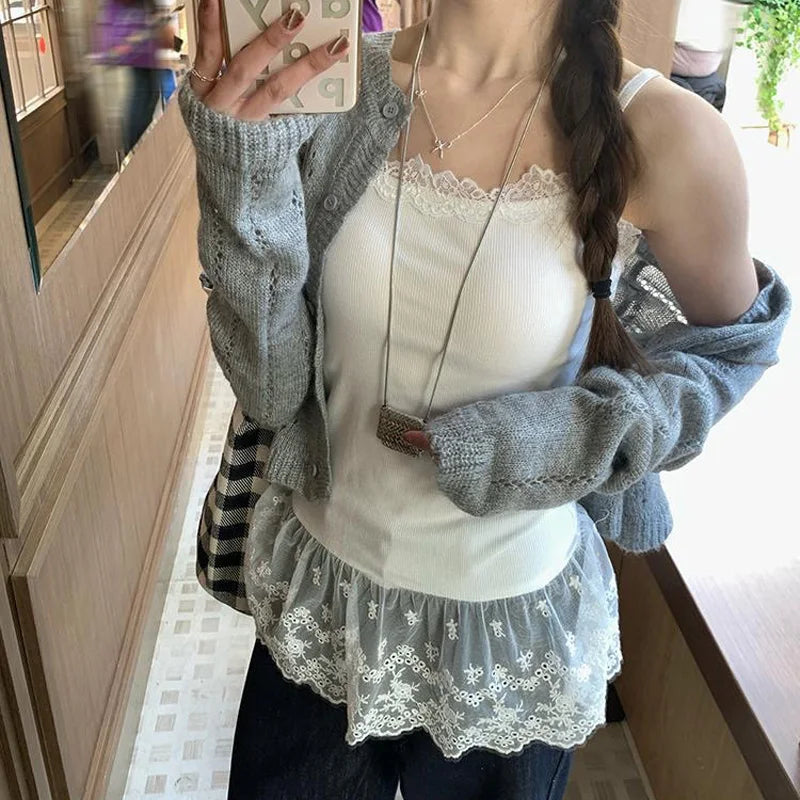 Lace Undershirt Ruffle Patchwork Hem Cami 2025 Sexy Top Women's Long Sleeveless T-Shirt Camisole Y2K Korean Gray Cotton Camis