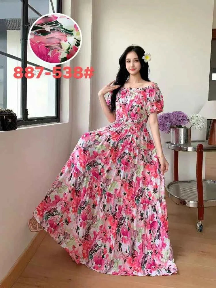 Long Maxi Dress Women Clothing Spring Summer Bohemian Holiday Beach Korean Style Floral Vintage Slim Vestidos Robe Dresses Boho