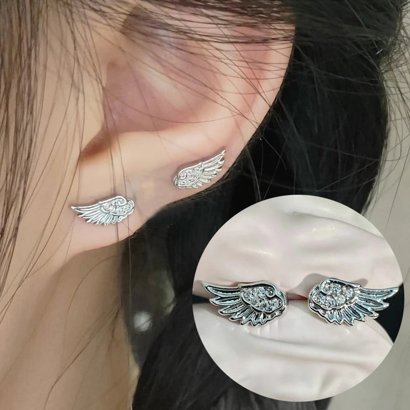 Fashion Zircon Wing Stud Earrings for Women Luxury Shiny Crystal Creative Angel Wings Cross Silver Color Ear Studs Jewelry Gifts