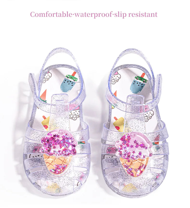 2026 Children's Transparent Crystal Jelly Sandals Soft Non-Slip Sole Princess Roman Style for Summer Cute Kids Footwear