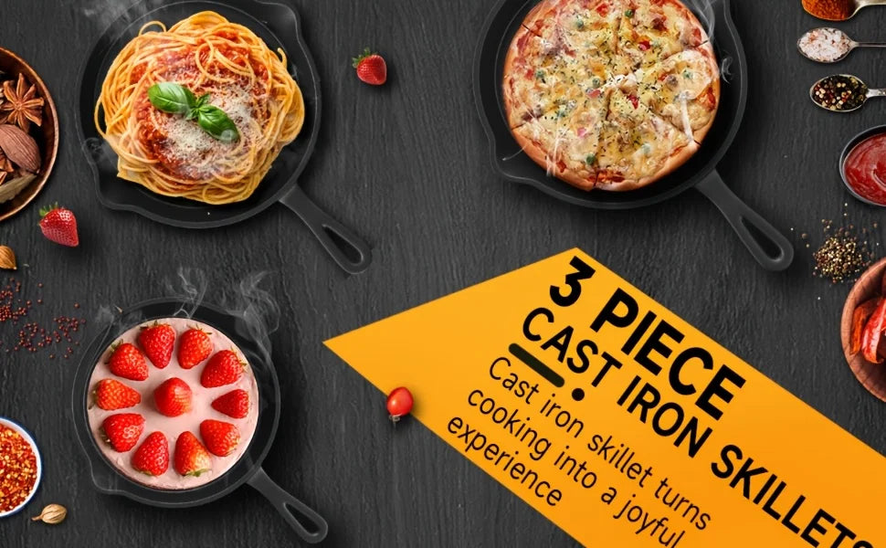 3PCS Cast Iron Skillet Set (6/8/10 Inch)  Pre-Seasoned, Heavy-Duty Pans for Oven, Grill & Campfire, Even Heat, Non-Stick Surface