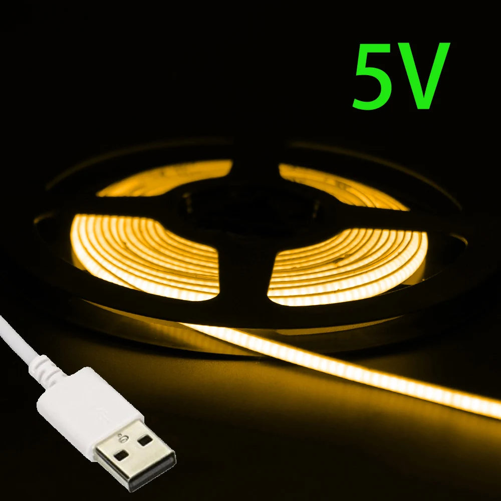 USB 5V COB LED Strip Lights 2.7mm Very Thin Multicolor 480LEDs 1m 2m For Computer Indoor Linear Tape Lights Flexible Convenient
