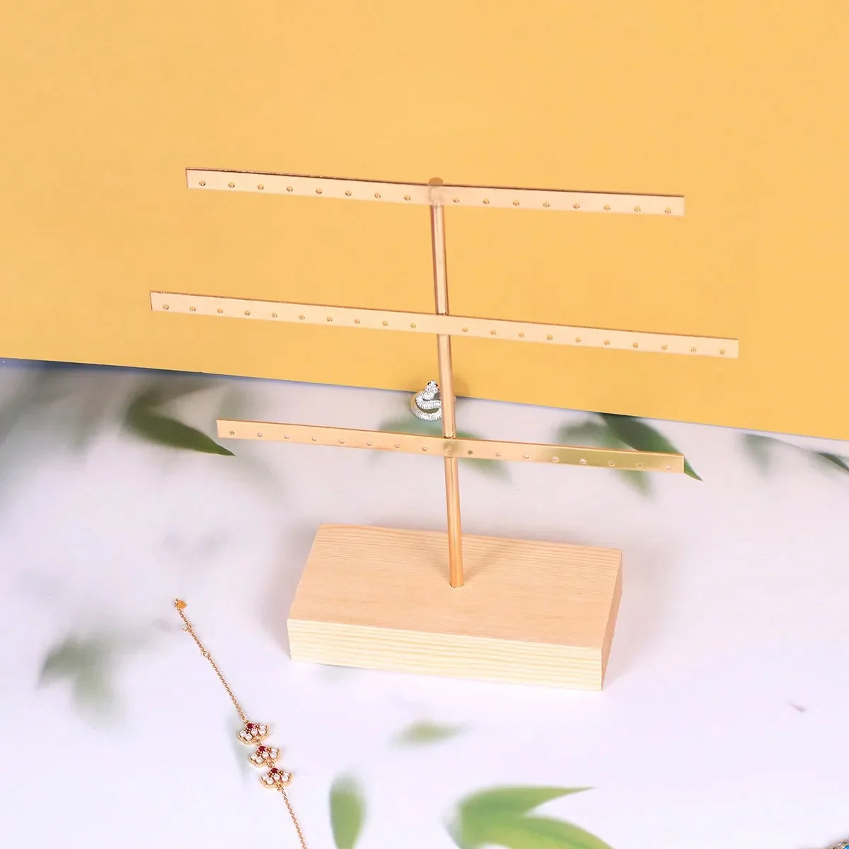 Wooden Base 52-Hole Jewelry Organizer Stand with Metal Earring Holder Rack, Ideal for Home Decor and Wedding Accessories
