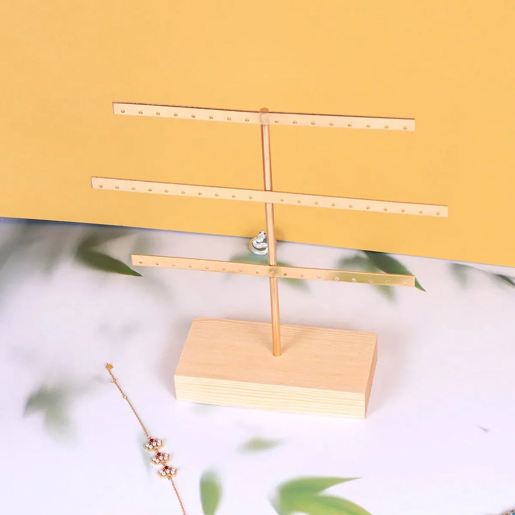 Wooden Base 52-Hole Jewelry Organizer Stand with Metal Earring Holder Rack, Ideal for Home Decor and Wedding Accessories