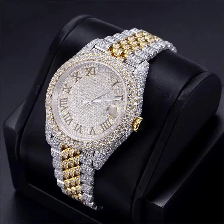 Iced Diamond Men's Luxury Watch Stainless Steel Band Roman Numeral Analog Quartz 40mm Round Case Sapphire Crystal Deployment