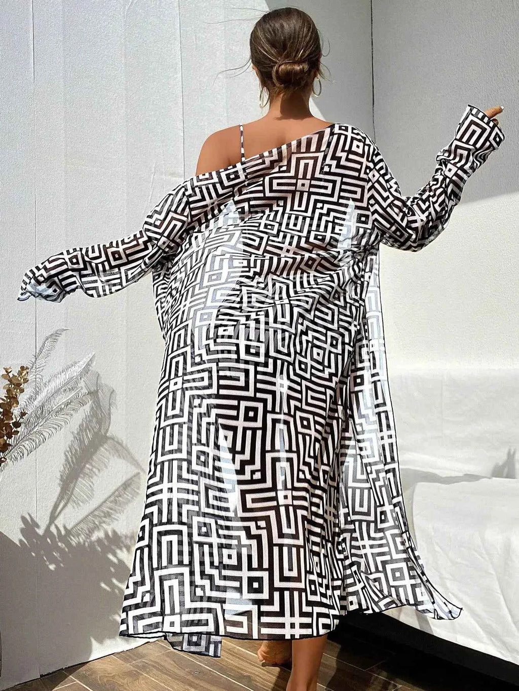 Women's Beach Summer Geometric Print Three-Piece Swimsuit Set with Long Sleeve Beach Cover-Up, Polyester Knit Fabric with Elasta