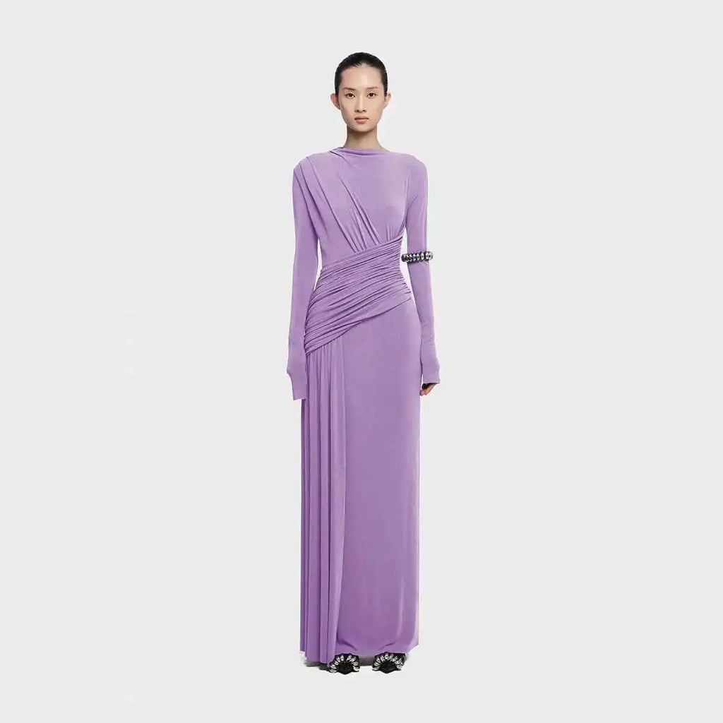 QMQA Fashion Women's Asymmetric Pleated Elegant Dress Solid Color Long Sleeve High Waist Slimming Party Dresses 2025 New QM519