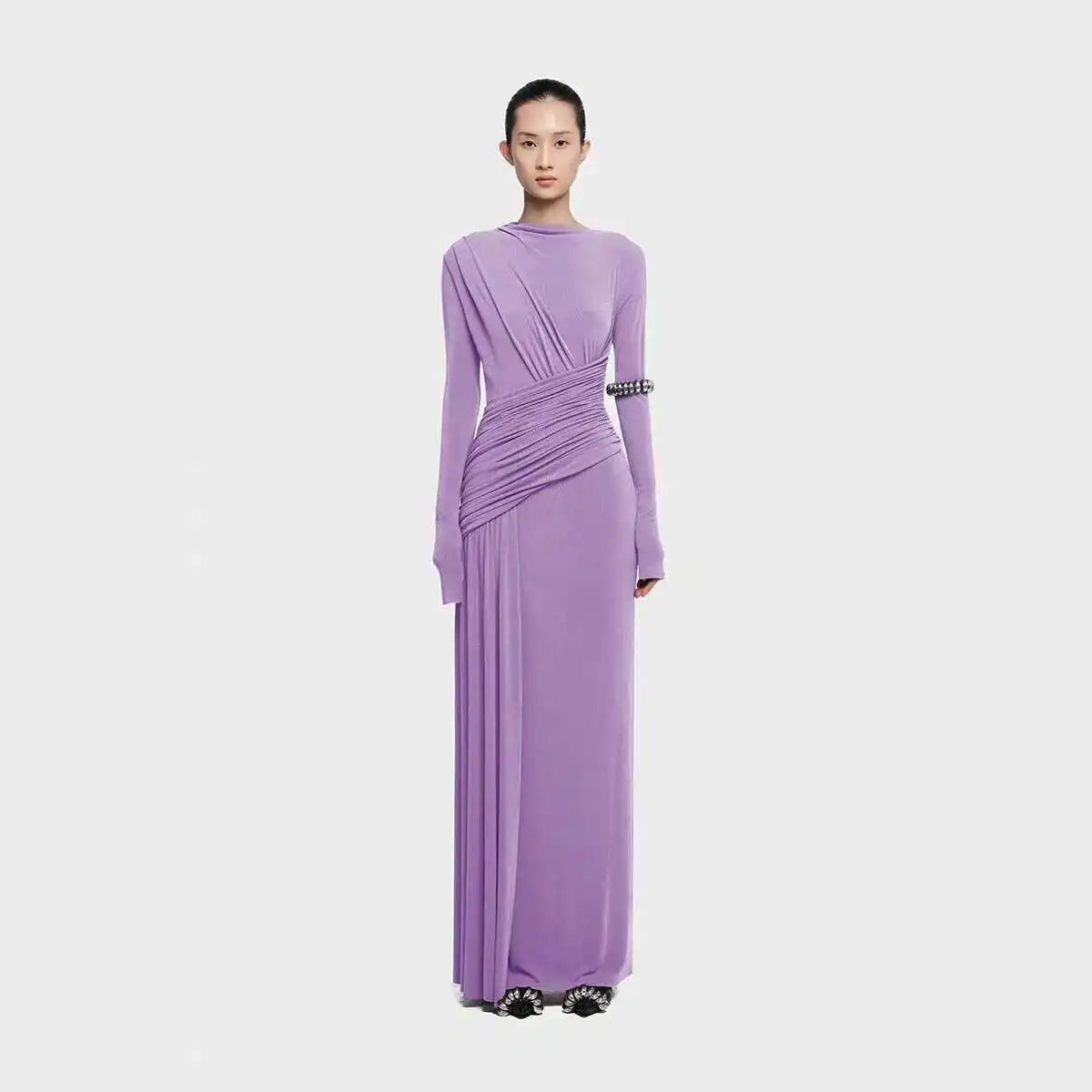 QMQA Fashion Women's Asymmetric Pleated Elegant Dress Solid Color Long Sleeve High Waist Slimming Party Dresses 2025 New QM519