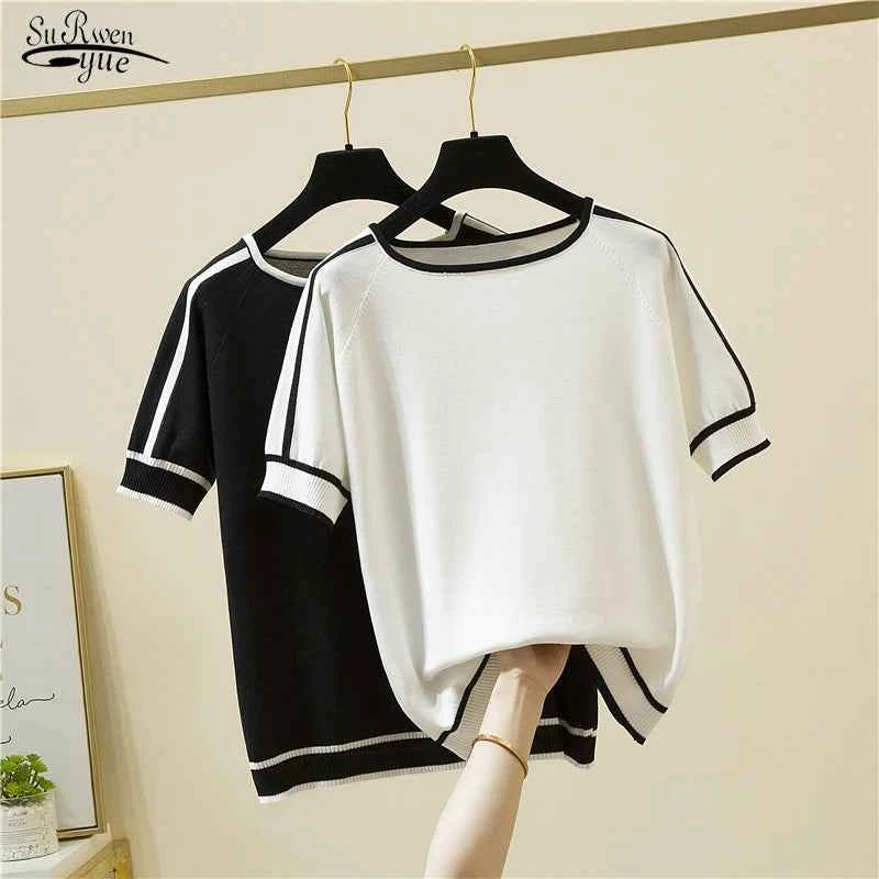 Camisetas Thin Knitted T Shirt Women Short Sleeve Summer Tops Casual Clothes Striped Fashion T-Shirt Tee Shirt Blusas 18841