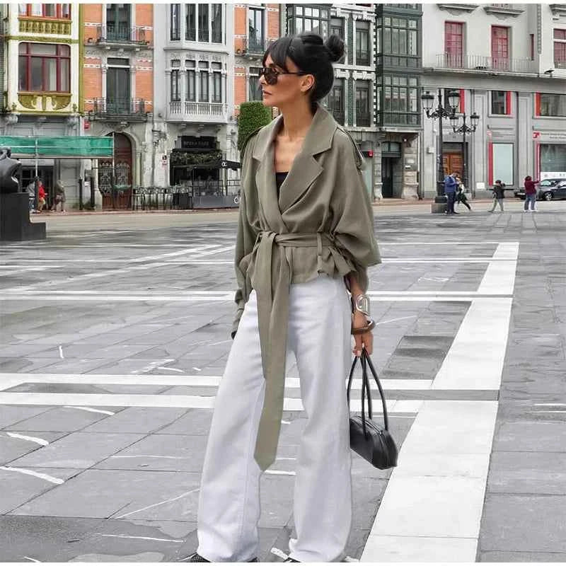 Cropped Lace-up Blue Casual Trench Coat Women Lapel Long Sleeve Wide Shoulder Windbreaker Jacket Fall Commute Daily Streetwear