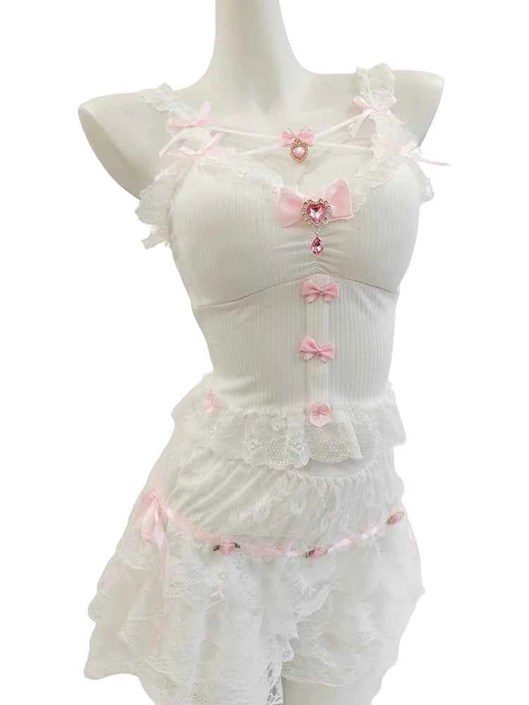 Sweet Crop Top Women Lace Trim Cotton Cropped Bows Bead Decoration Pink White Cute Camis Sweet Girls Lolita Style Kawaii Clothes