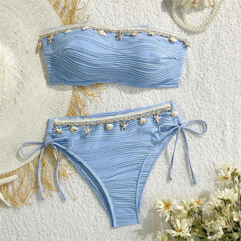 Shell Starfish Edge Bandeau Bikinis Sets Yellow Texture Solid Swimwears Sexy Swimsuit Women 2026 Lace-up Bathing Suit Bikini