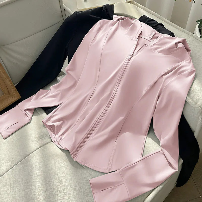 Women's Lce Silk Sun Protection Jacket 2026 New Long Sleeve Hooded Summer Thin Zipper Cardigan Korean Short Slim Sports Outwear