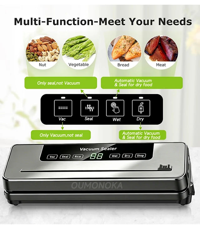 Electric Vacuum packaging machine Food Storage Seal Touch Button Dry/Wet Built-in Cutter Kitchen Food Sealing Vacuum Sealer